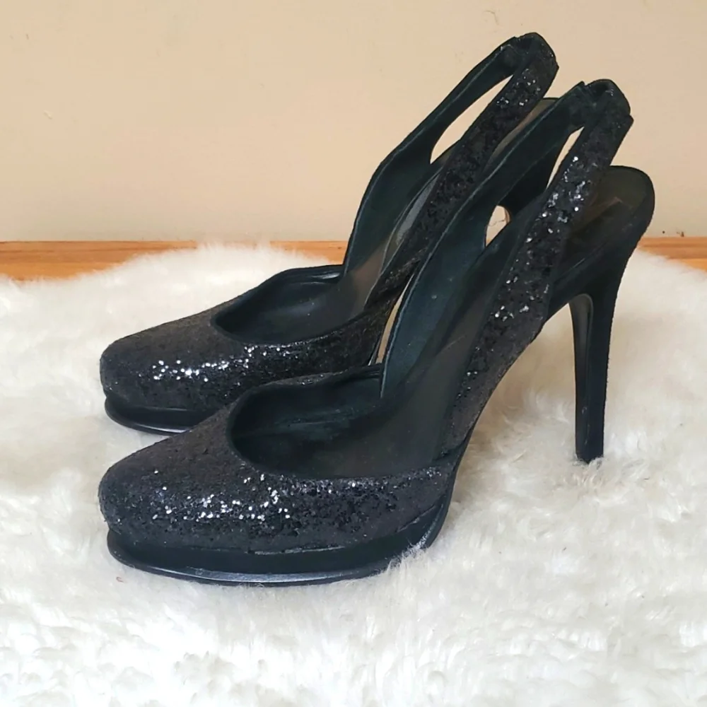 Diane Von Furstenberg DVF Black Sequin Slingback Stilletos Size 7M